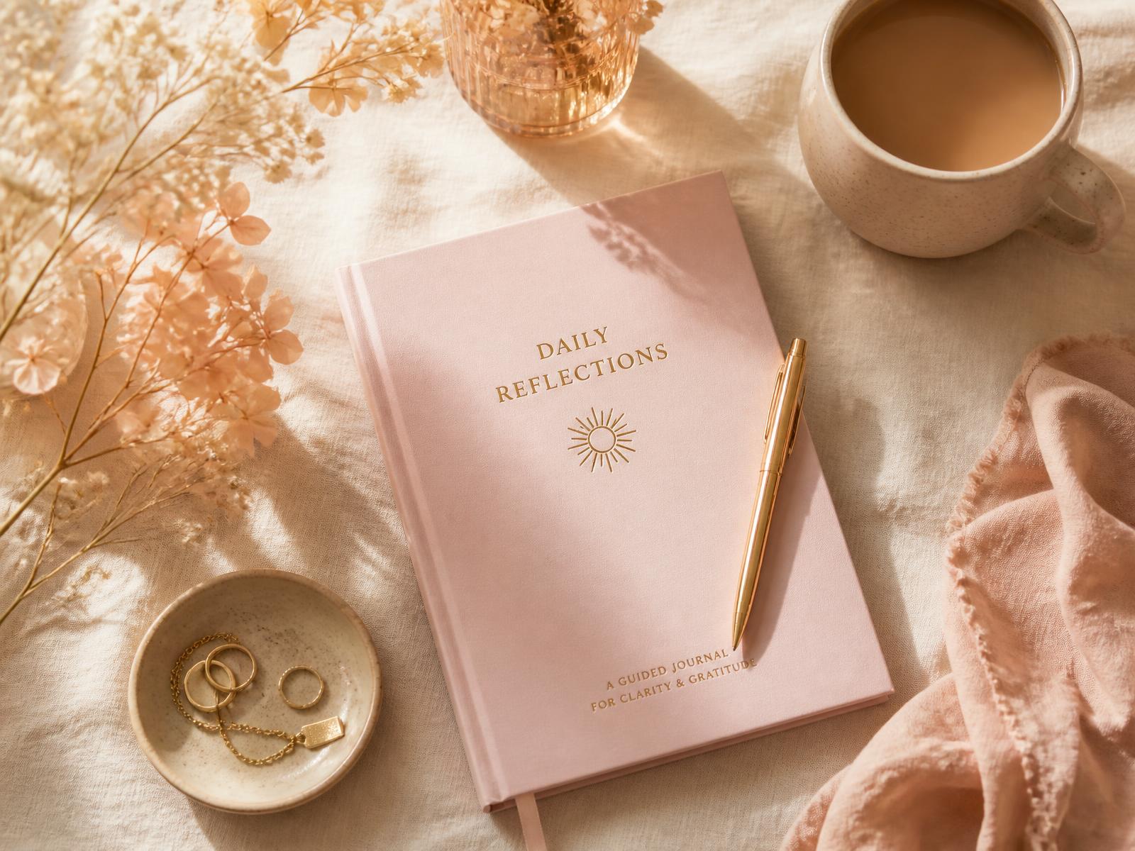 A blush guided journal, gold pen and warm ceramic mug on soft linen